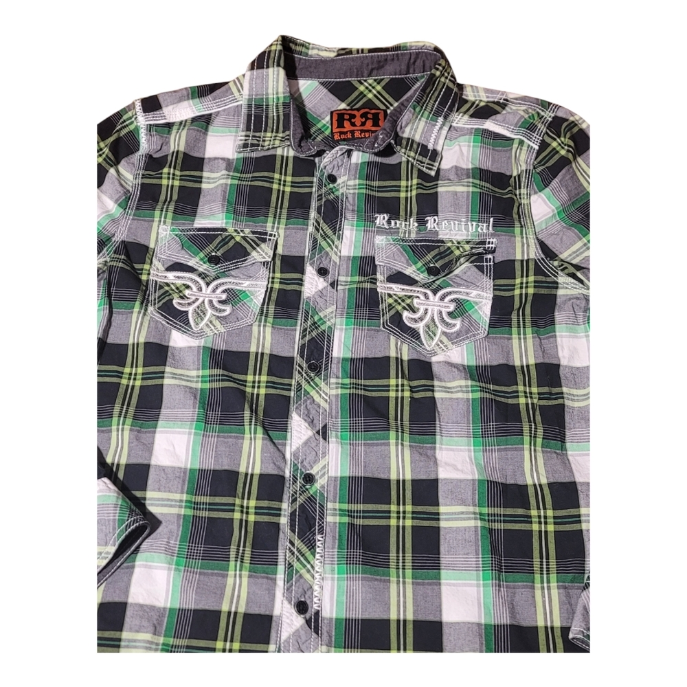 Rock Revival Mens Large Long Sleeve Button Up Shirt Embroidered Spellout B30 - Picture 4 of 10
